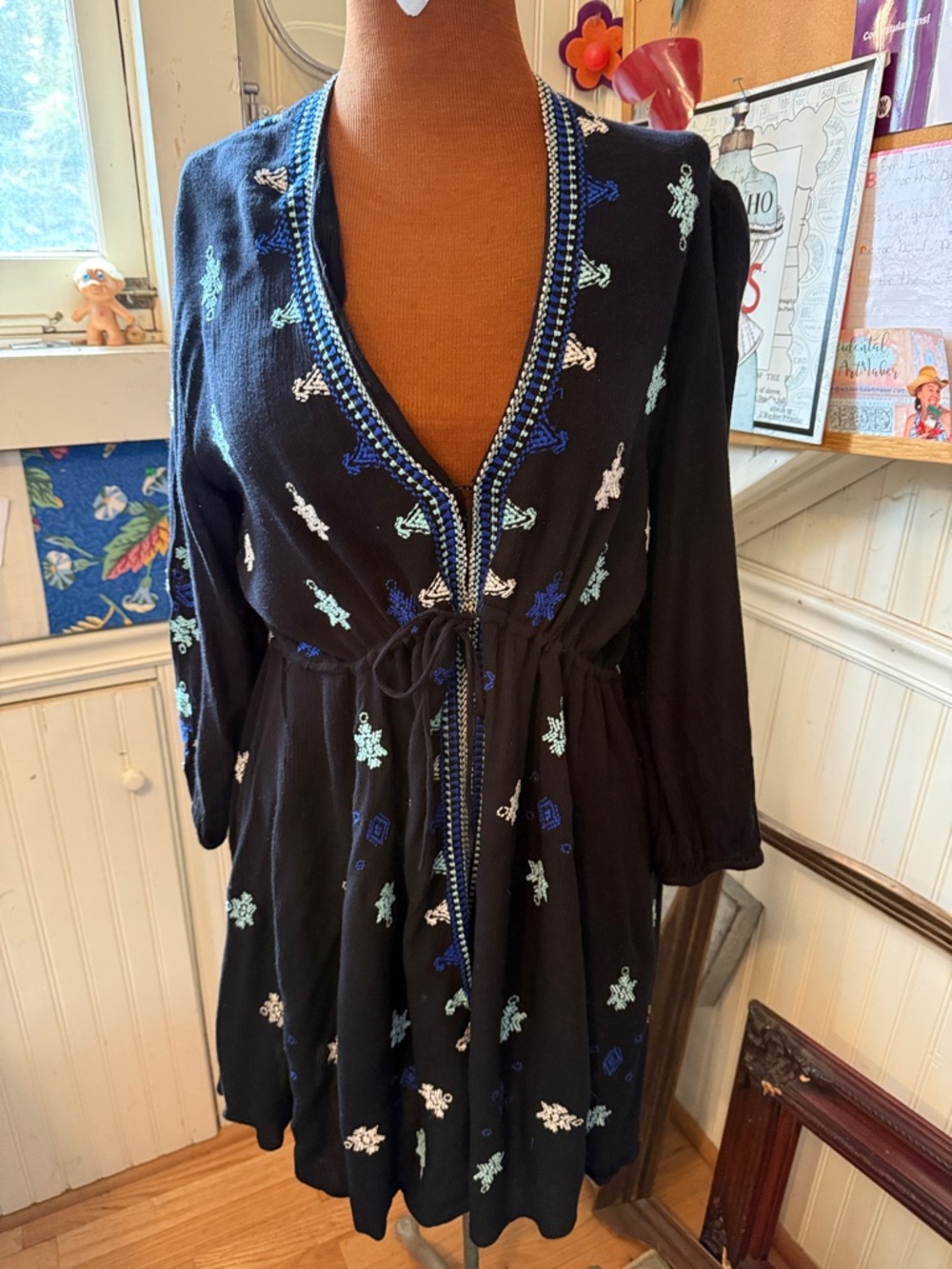 Free People Black Mini Dress with Blue and Mint Embroidery